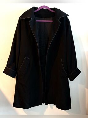 Vintage Fleurette Open Coat 100% Camel Hair w Leather Trim Top Hook Close Sz 8